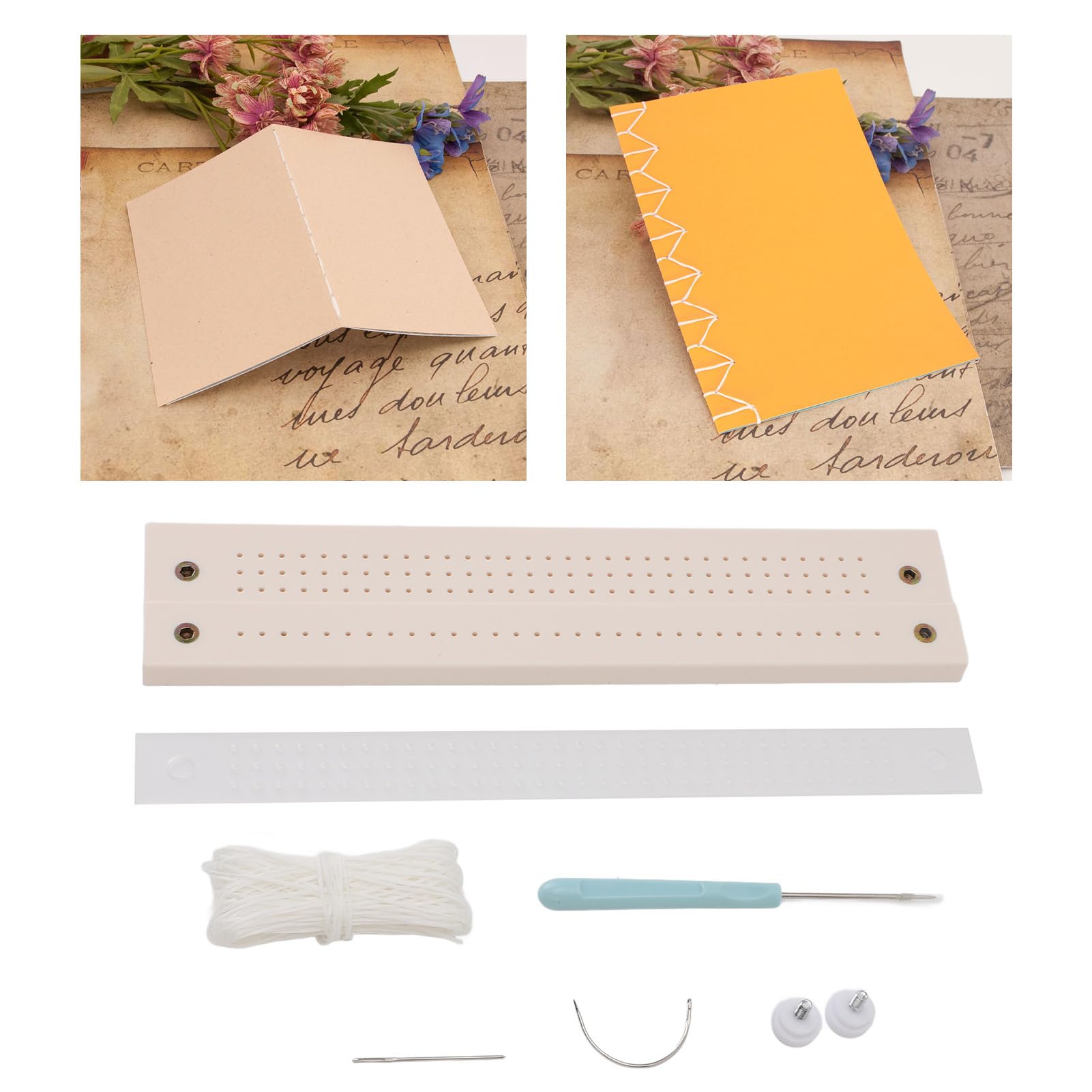 11 x 2.4in Plastic Book Binding Punch Kit, Versatile Manual Craft Tool for Journal Scrapbook Notebook with Curved Pin Straight Pin and Wax Rope