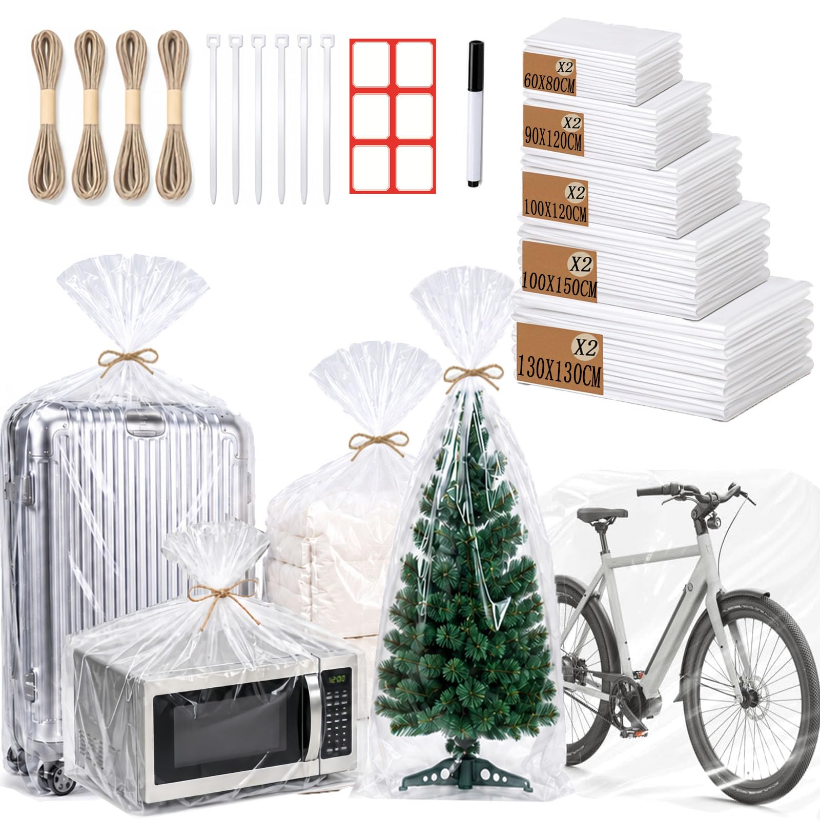 Extra Large Clear Plastic Storage Bags10PCS, 130*130 Etc Size Heavy Duty Waterproof Large Plastic Bags 100μm with 6 Cable Ties, 4 Straps, Pen&Tag for Loft,Luggage,Suitcase,Comforter,Chair,Toy,Bedding