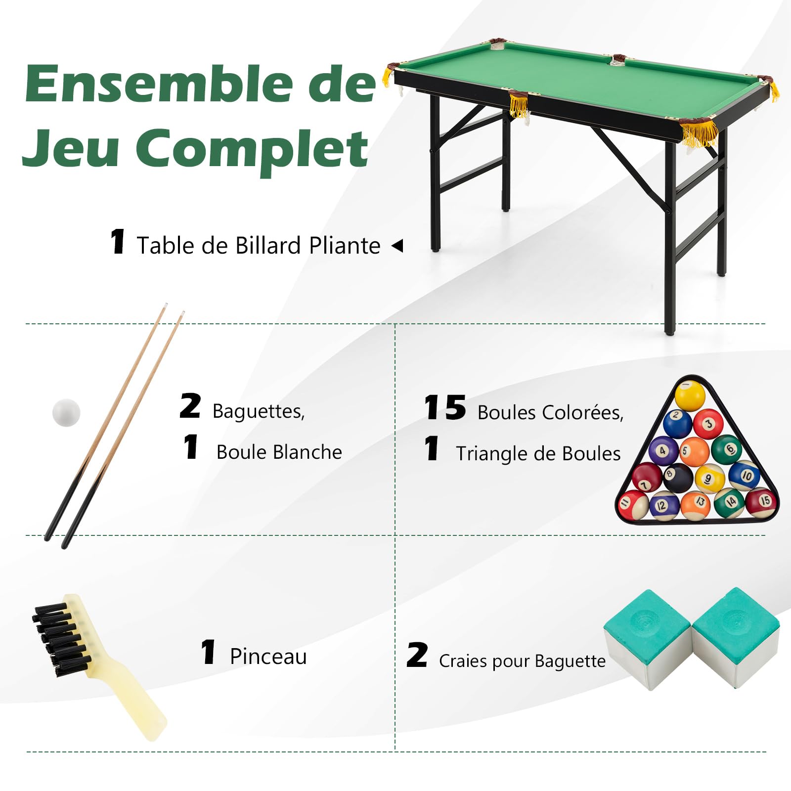 COSTWAY Table de Billard Americain 122cm avec Accessoires(2 Queues, 16 Boules, Triangle, 2 Craies, Brosse), Jeu de Billard Pliable avec Pieds Réglables, pour Enfants Adultes, 122x64x78 cm
