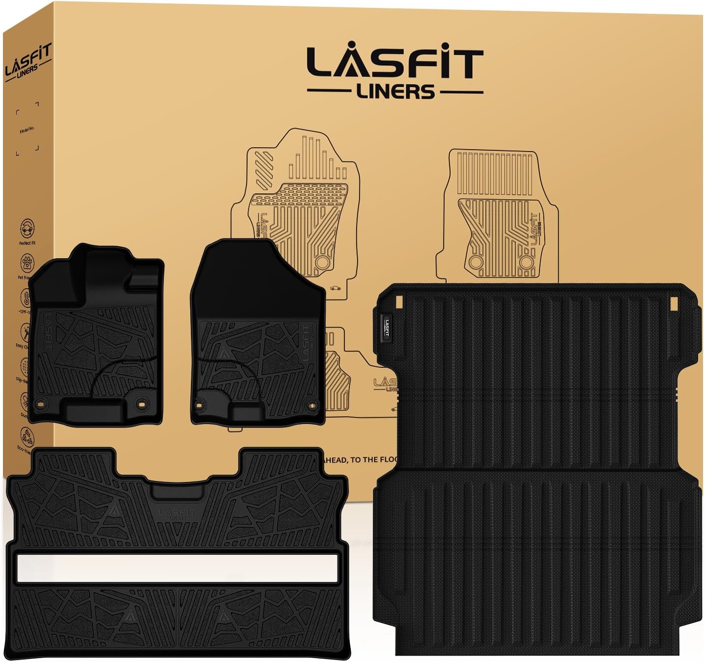 LASFIT Floor Mats & Truck Bed Mat for Honda Ridgeline 2017-2026 Crew Cab, All Weather Protection TPE Non-Slip Custom Fit Automotive Accessories Floor Liners 1st & 2nd Row & Bed Liner, Black