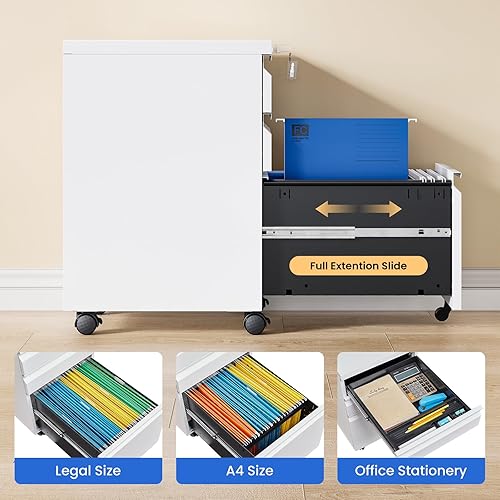 Vista 11 de MIIIKO Archivador de 3 cajones, archivador de metal con ruedas enrollables de bloqueo, almacenamiento de oficina debajo del escritorio, cajones Negro