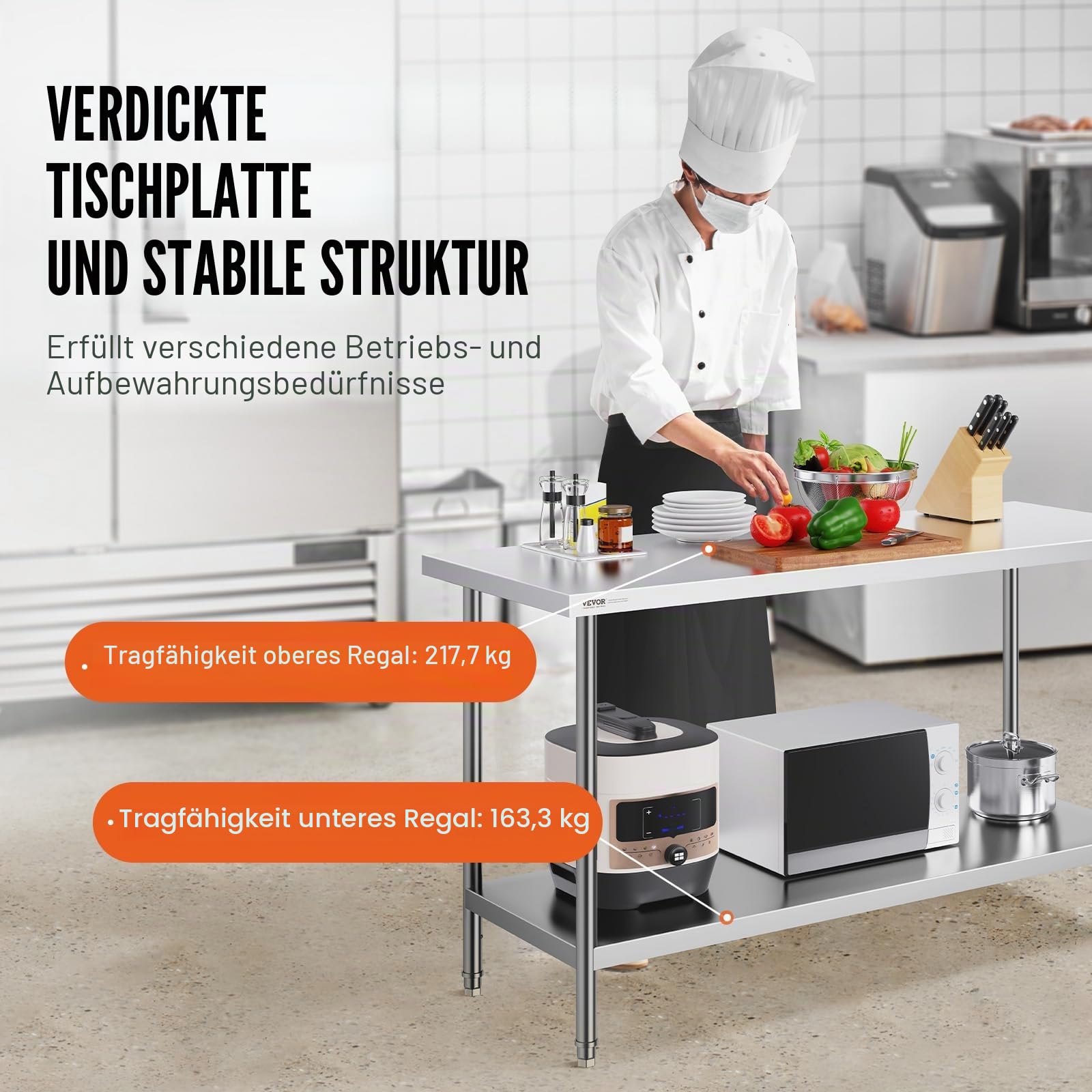 VEVOR Edelstahl Arbeitstisch Küche, Edelstahltisch mit 4 Universalrädern Rollen, Küchetisch für küchenvorbereitungsarbeit, 61 x 152 x 86 cm