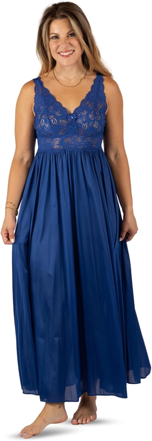 SHADOWLINE Women's Long Flowy Figure Flattering Cap Sleeve Nightgown– Silky Floral Soft Lace Lingerie Elegant Sleepwear