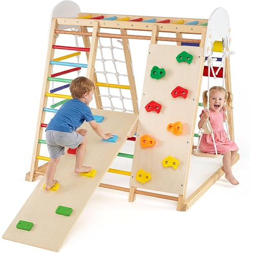 Costzon Indoor Playground, 8-in-1 Foldable Indoor Jungle Gym for Kids | Montessori Jungle Gym Beech Wood Climbing Toys for Toddlers w/Slide, Monkey Bars, Playground Climber Playset for Kids Gifts