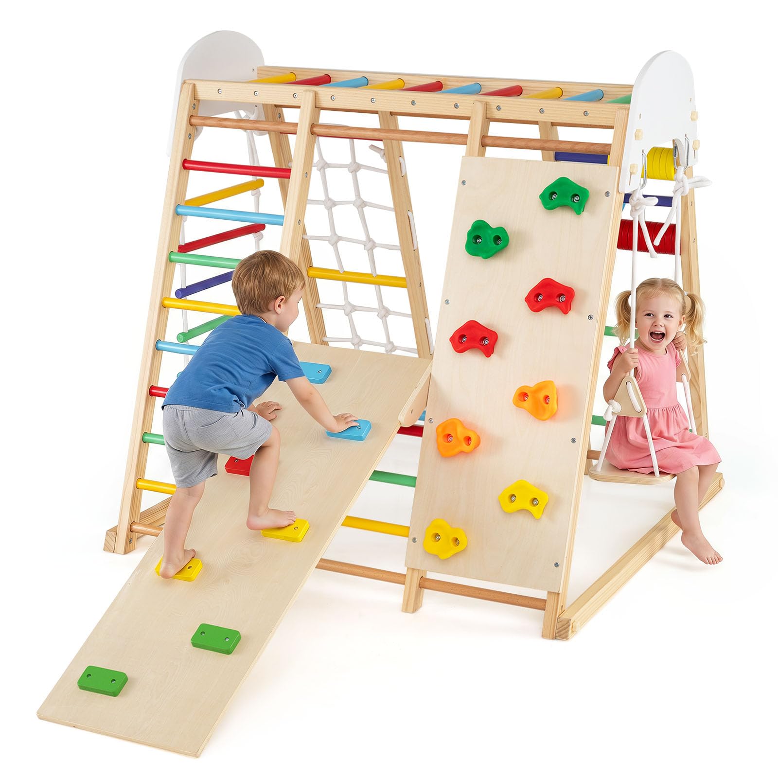 COSTWAY 8 in 1 Indoor Klettergerüst aus Holz für Kinder ab 3 Jahren (Bunt) | Klappbares Kletterspielzeug Set mit Hangelgerüst, Klettersteine, Kletterrampe, Kletternetz, Kletterseil, Leiter & Schaukel