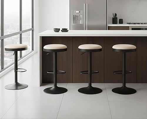 Miniatura 27 de EALSON Moderno juego de 2 taburetes de bar giratorios ajustables con altura de mostrador, con base de metal, tapizados de cuero, sillas redondas