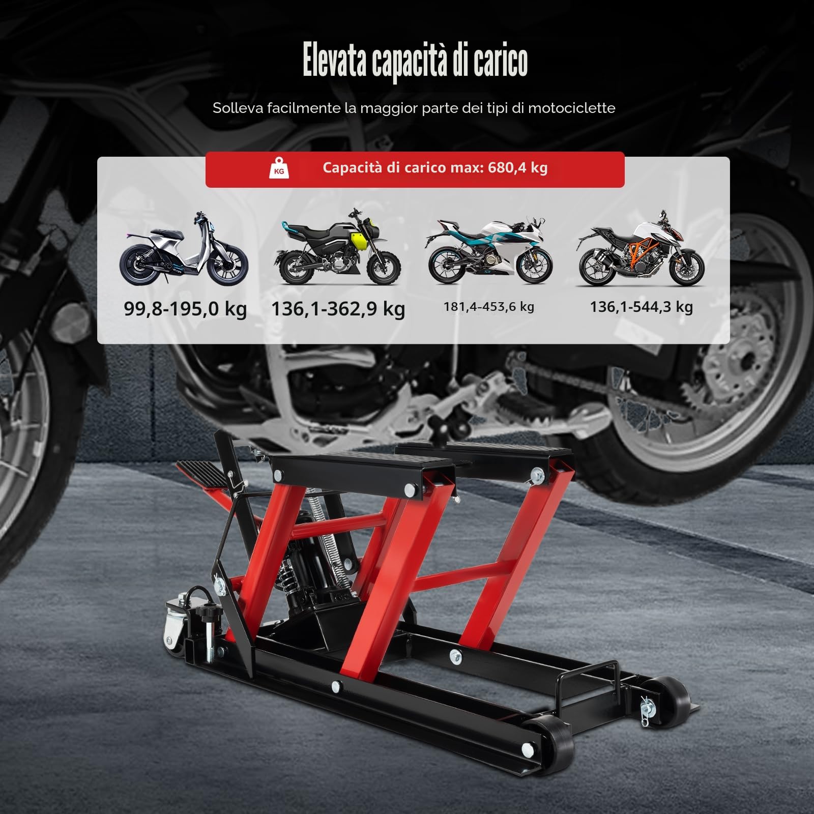 Sollevatore idraulico per moto 680 kg carico staffa regolabile 115-365 mm