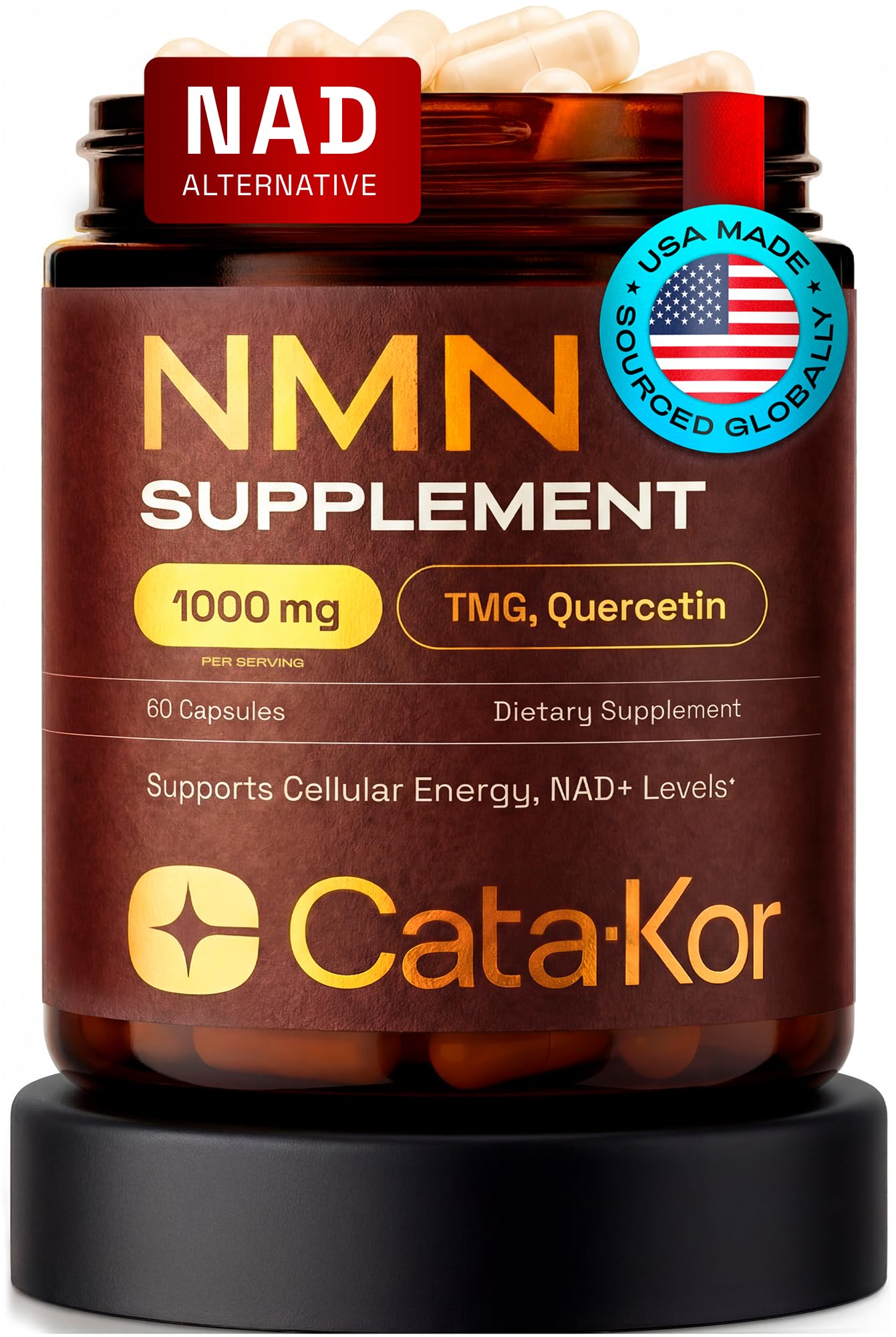 NMN Supplement 1000mg – 4-in-1 NAD Supplement with Quercetin | TMG | Resveratrol – NMNH Alternative – Supports Cellular Energy & NAD+ Levels – 60 Capsules – Third-Party Tested (1 Pack)