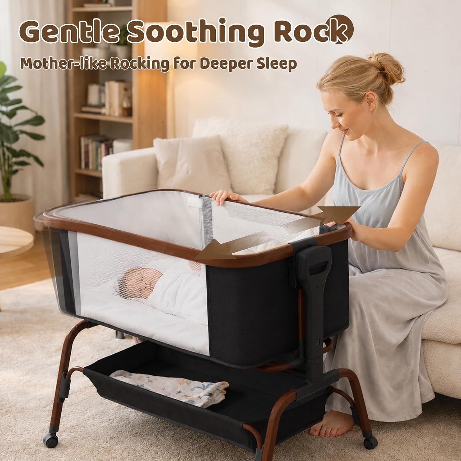 Baby Bassinet, Rocking Bedside Sleeper, Detachable & Portable Bassinet with 8-Level Height, Breathable Mesh, Storage Basket & Rotating Mobile Toy for Newborns Infant(Black)