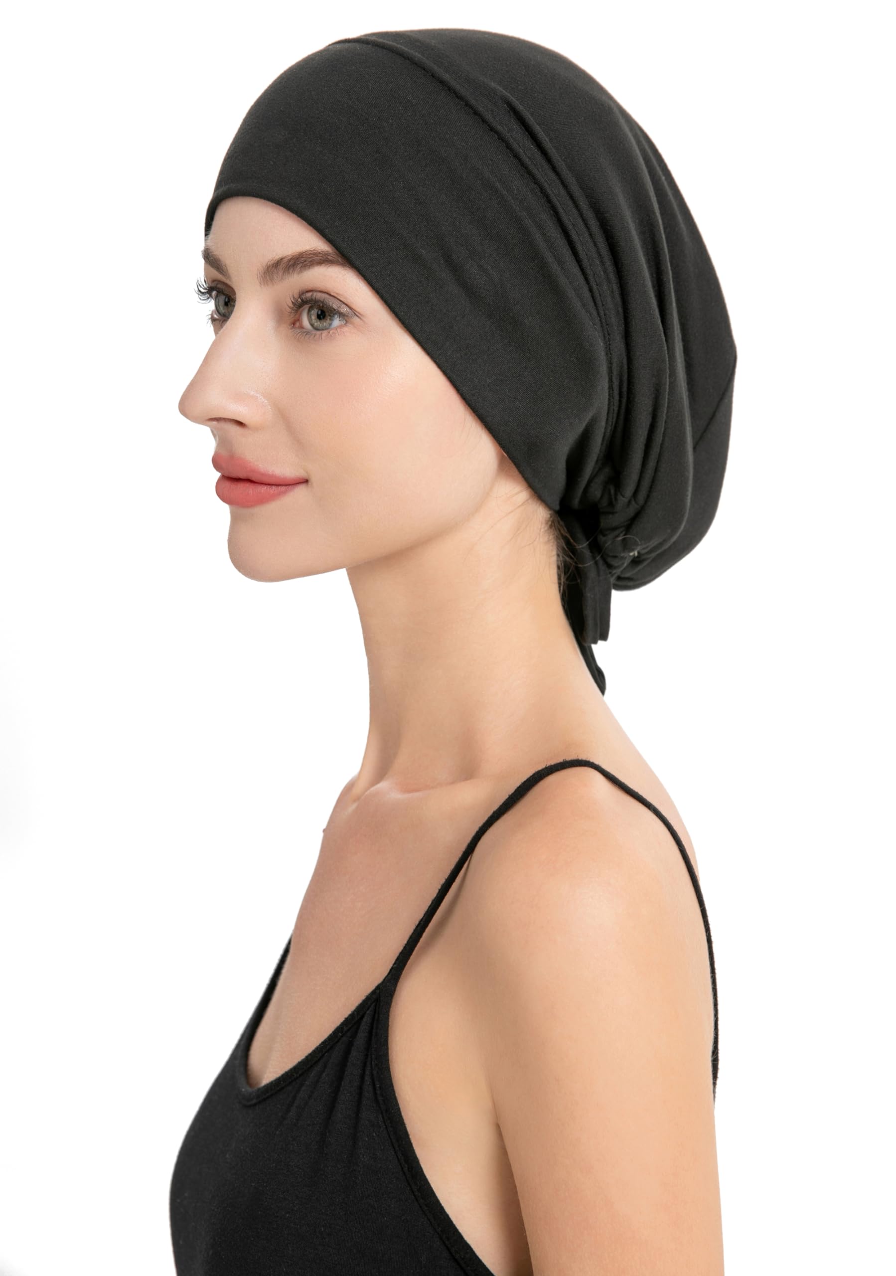 ZLYC Satin Lined Hijab Cap for Women Tie Back Hijab Undercap Inner Underscarf Hat (Solid Black)