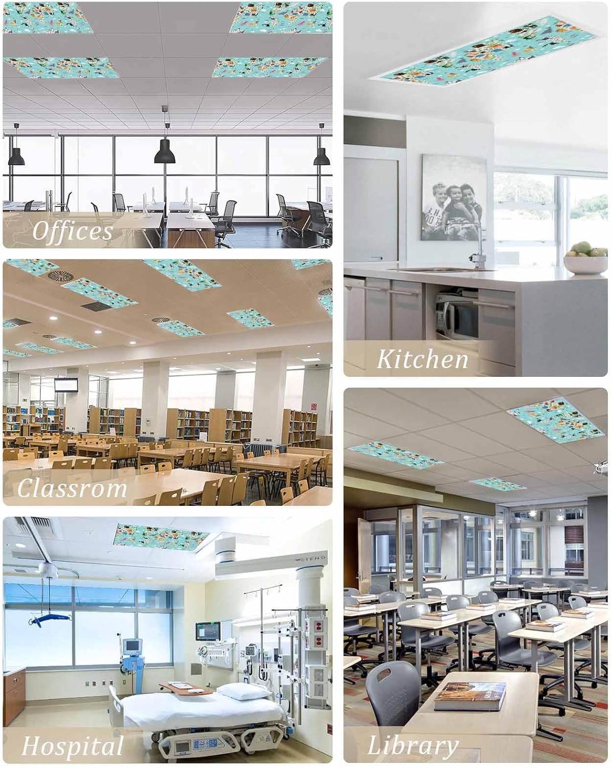 Turquoise Ocean Fluorescent Light Covers for Ceiling Lights 4x2 feet,4 Pack Magnetic Light Filters for Classroom,Funny Cute Animals Clouds Cartoon Fluorescent Lamp Shade Panel for Office School Drop
