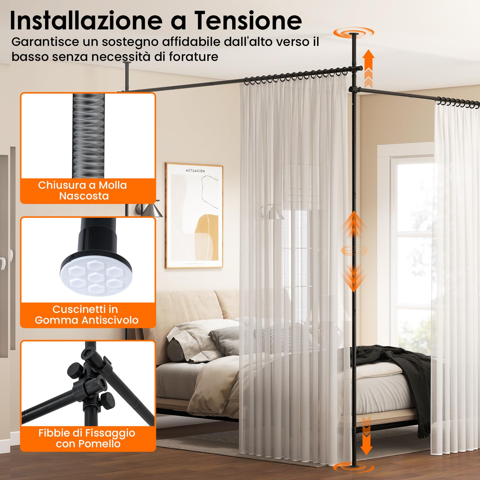 COSTWAY Tenda Divisoria Senza Trapano, Parete Divisoria per Interni con Asta Regolabile 120-314 cm(A) 73-360 cm(L), Bastoni Tende in Metallo per Soggiorno, Camera da Letto e Balcone (stile 2 Nero)