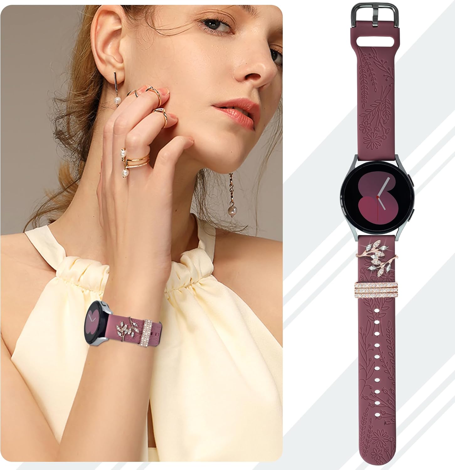 Bands for Samsung Galaxy Watch 7/6/5/4/FE Band 40mm 44mm with Charms, 20mm Women Flower Engraved Silicone Replacement Strap for Galaxy Watch 5 Pro/Watch 3/Galaxy Active 2/Watch 4 Classic - Image 6
