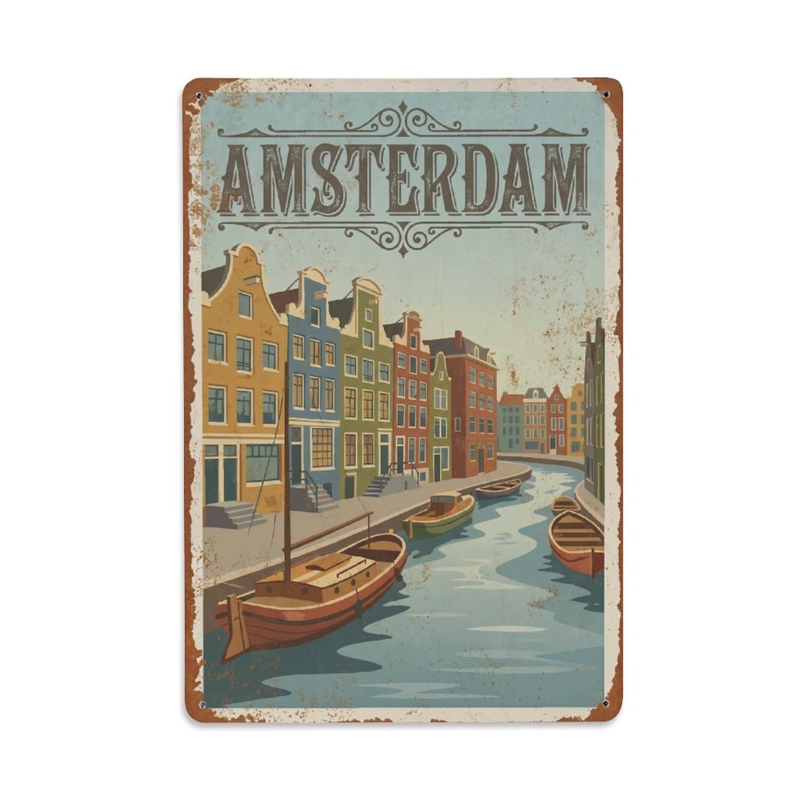 Okngb Style Harbor Boats Classic Waterway Amsterdam Travel Route Metal Tin Sign Plaque Wall Decor For Cafe, Man Cave, Club Bar, Office, Home Garden Round Metal Poster 8X12inch