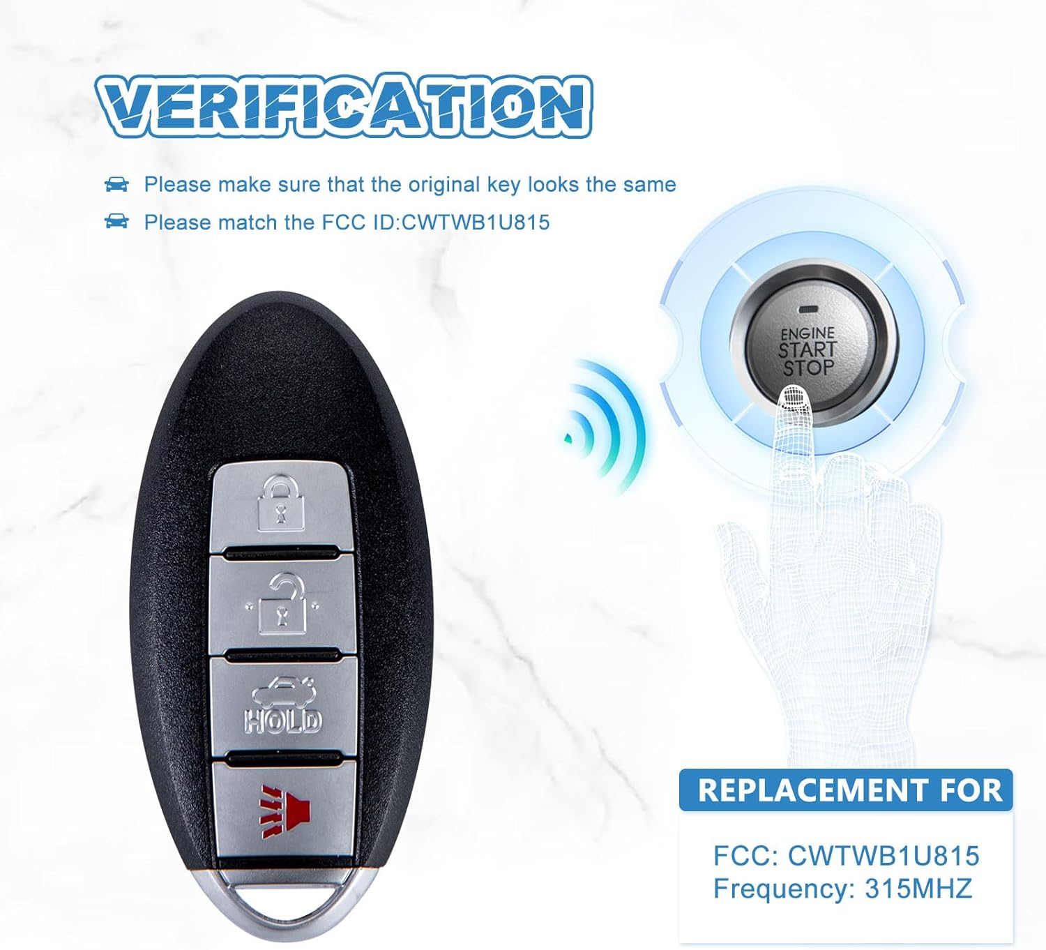Key Fob Replacement Compatible for 2013 2014 2015 Nissan Sentra Smart Key Car Keyless Entry Remote Control Remote Start CWTWB1U815 4 Button (Pair)