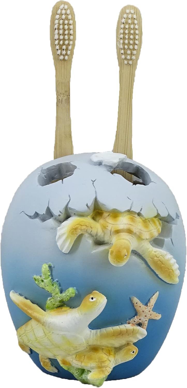 4-inch Sea Turtle Toothbrush Holder for Bathroom - Mother & Baby Resin Decor, Ocean Theme Beach & Coastal Bathroom Organizer