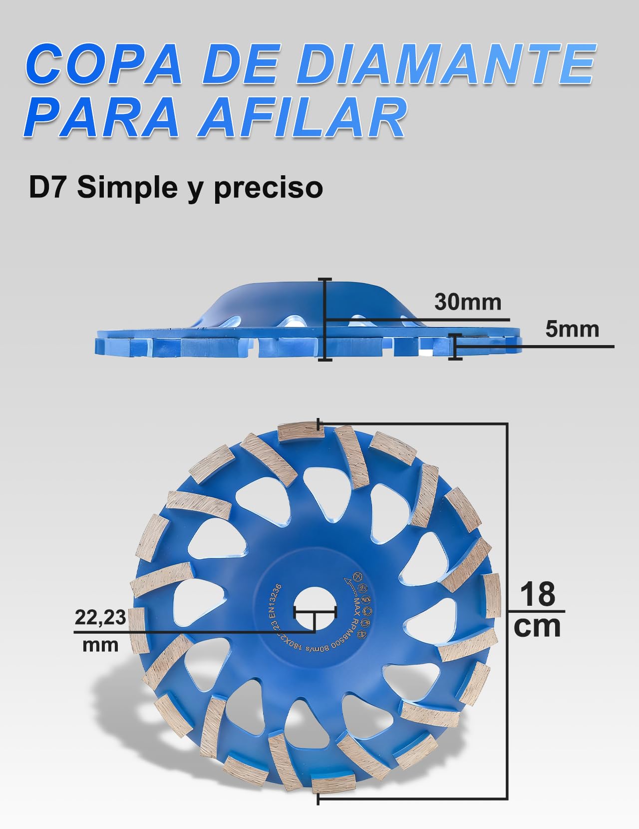 Disco abrasivo de diamante, 180 mm × 22,23 mm, para trabajos de lijado con hormigón y materiales de construcción duros, granito, piedra natural, yeso, mármol, color azul