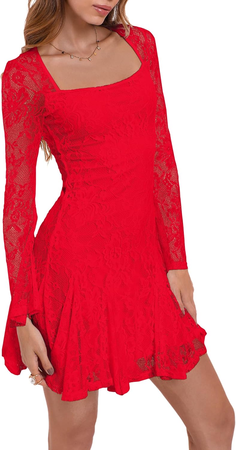 HYPERFIRE Women's Square Neck Floral Lace Mini Dress Flowy Short Dress Mesh Night Out Dresses Club Outfit - Image 4