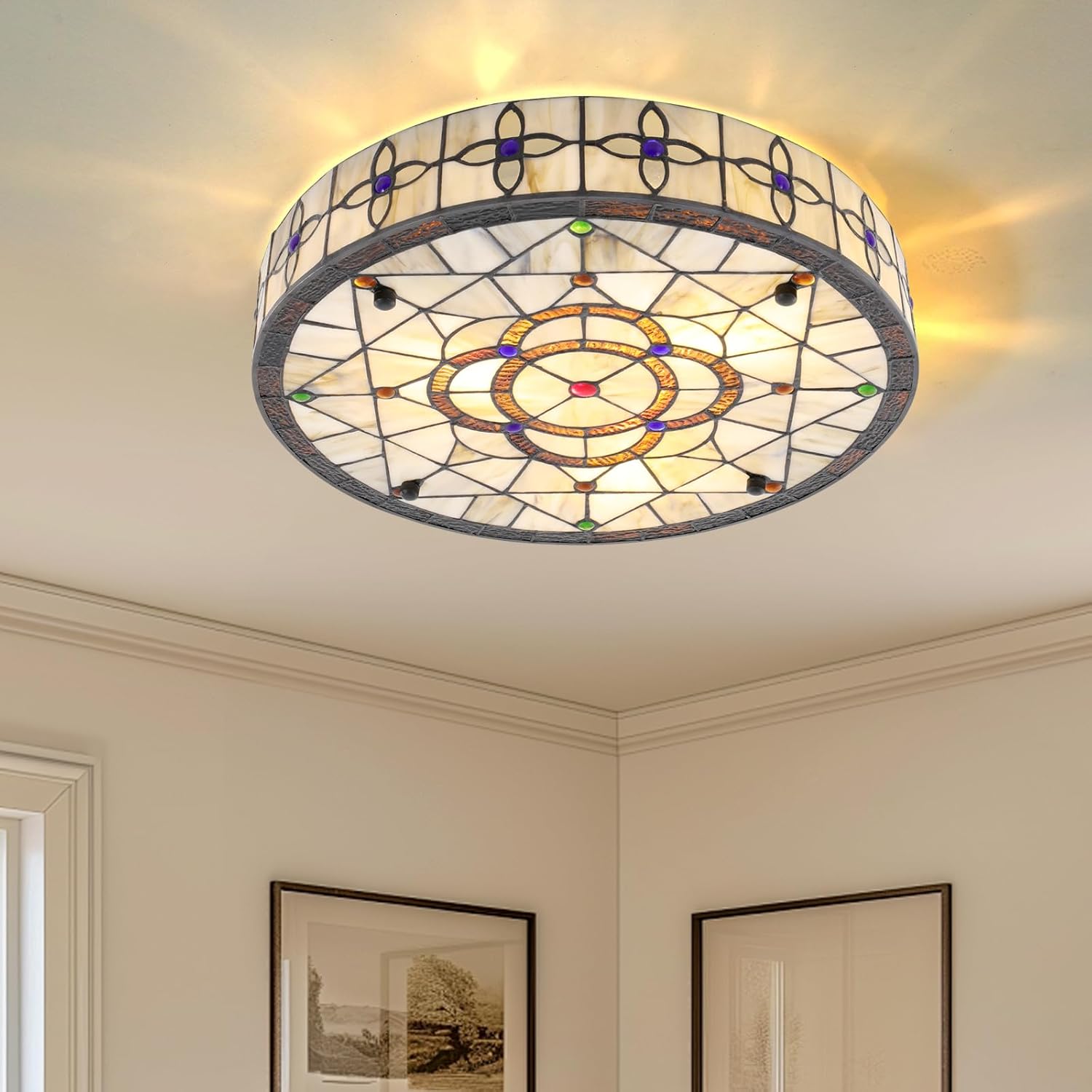 16inch Tiffany Ceiling Lamp 3-Light Vintage Stained Glass Flush Mount Light Handmade Retro Lightning Fixture for Bedroom, Living Room, Hallway