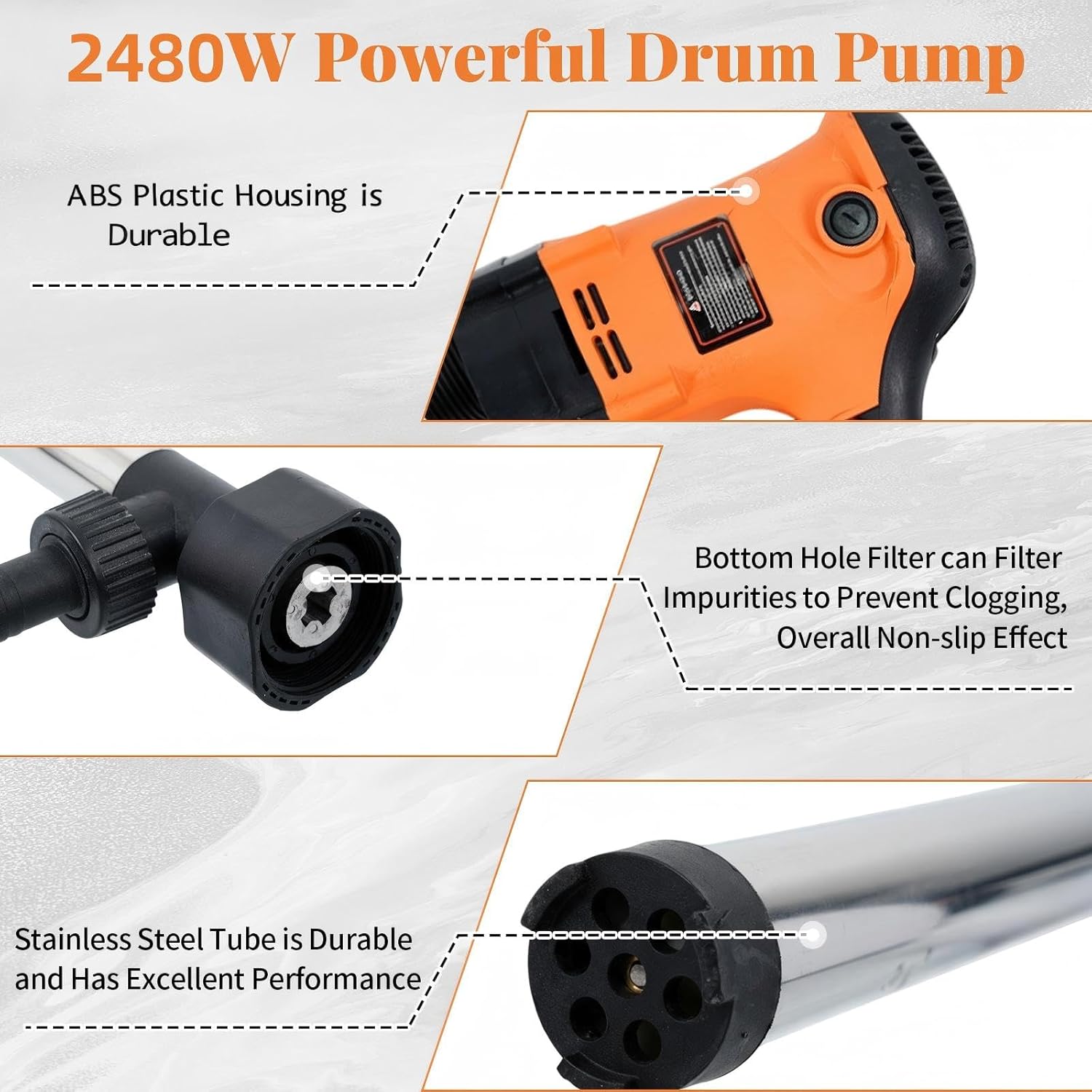 2480W Electric Fuel Transfer Barrel Pump, 110V 13000RPM, for 55 Gallon Electric Liquid Transfer Pump with 36in Stainless Steel Tube and 6.6ft Hose, Ideal for Diesel, Lubricants