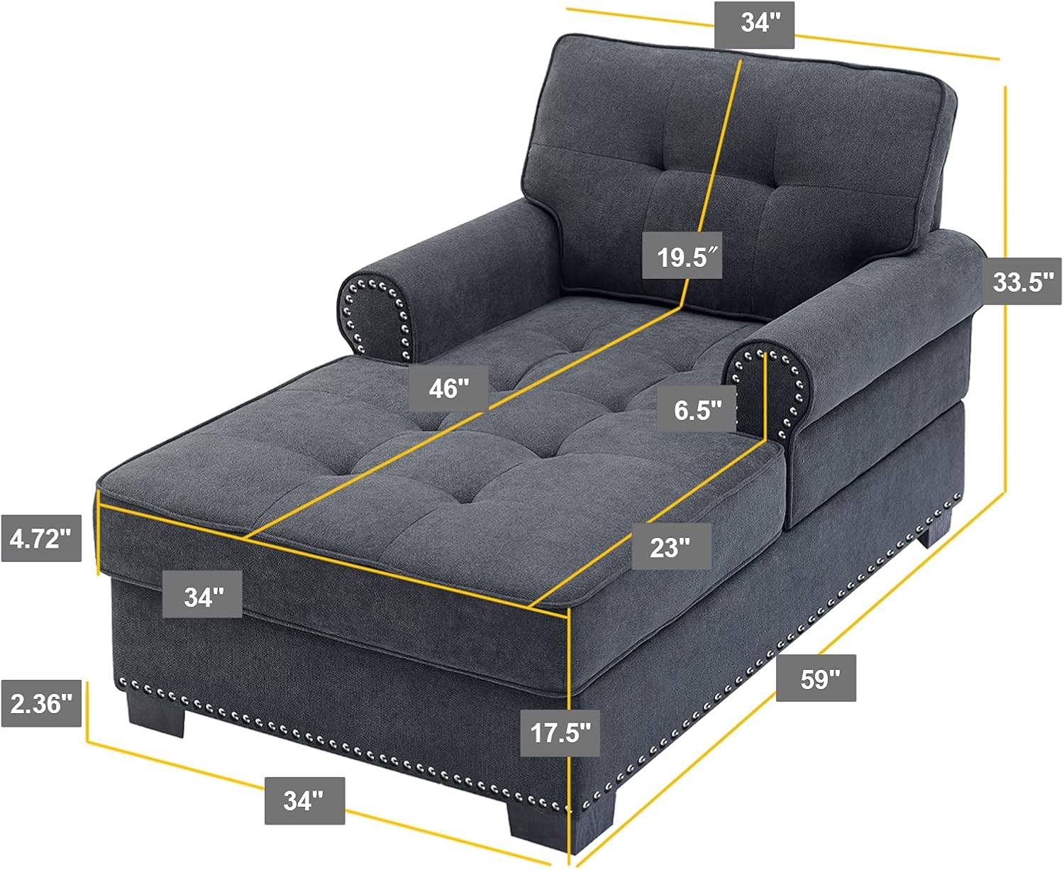 Modern 59" Chaise Lounge Chair Indoor Sleeper Lounger Chair Living Room Recliner Couch for Bedroom Home Office, Grey : Home & Kitchen