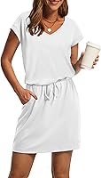 OFEFAN Women's 2026 Summer V-Neck Tie Waist Mini Sundress with Pockets - Casual T-Shirt Beach Vacation Dress