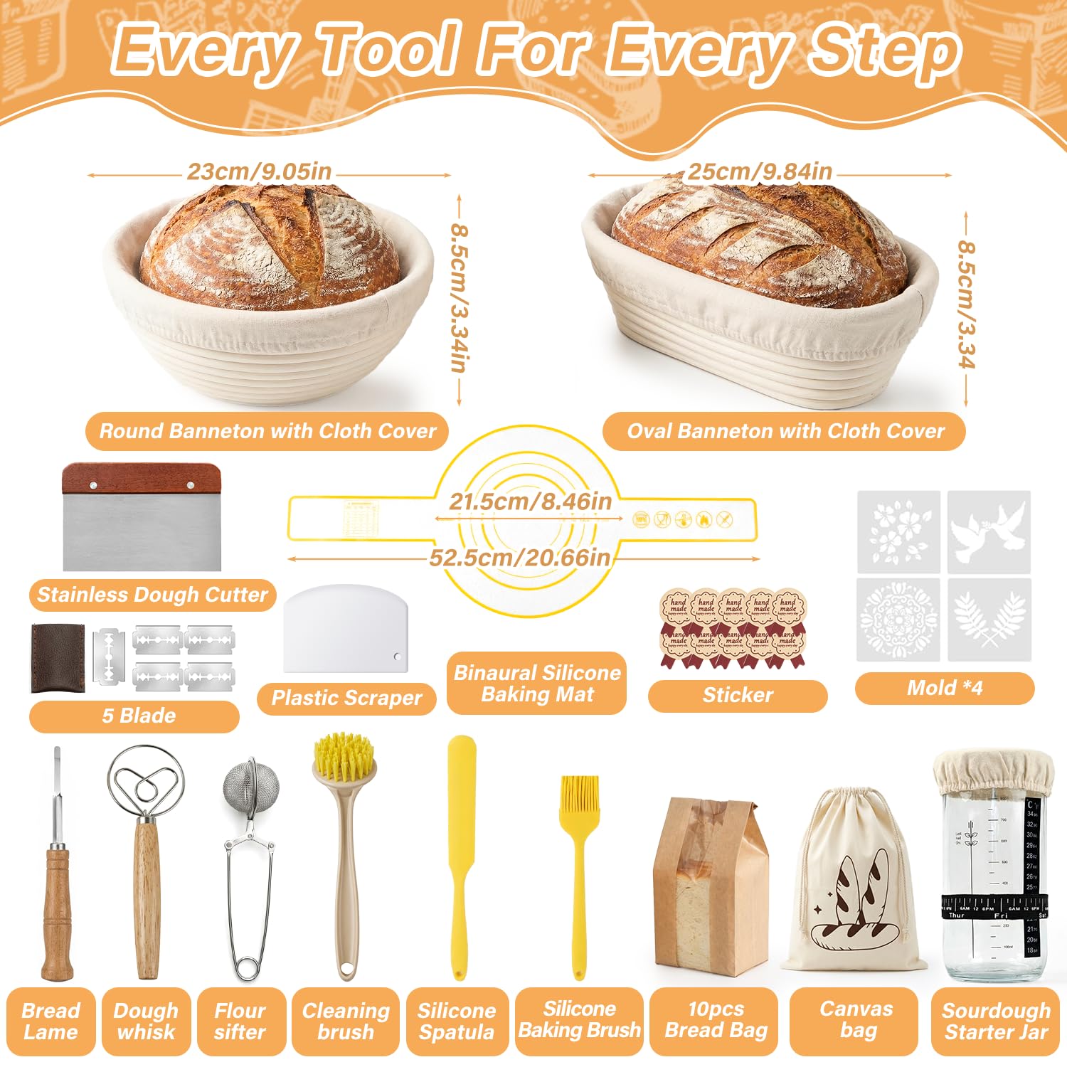Banneton Pour Pain, Kit Boulangerie Levain, Corbeille a Pain en Rotin Naturel 23 cm Rond et 25 cm Ovale, Panier Fermentation Pain set pour les Débutants et Professionnels