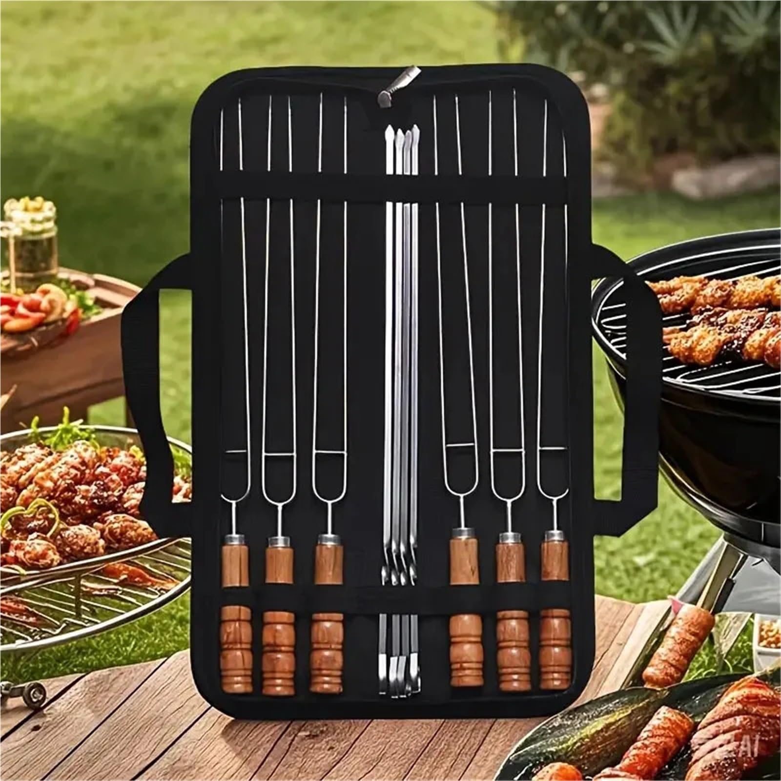 Spiedini Con Manici In Legno Forchetta for barbecue a doppio ago in acciaio inossidabile Kit di spiedini multiuso for campeggio esterno 10 pezzi Set grill con manico in legno
