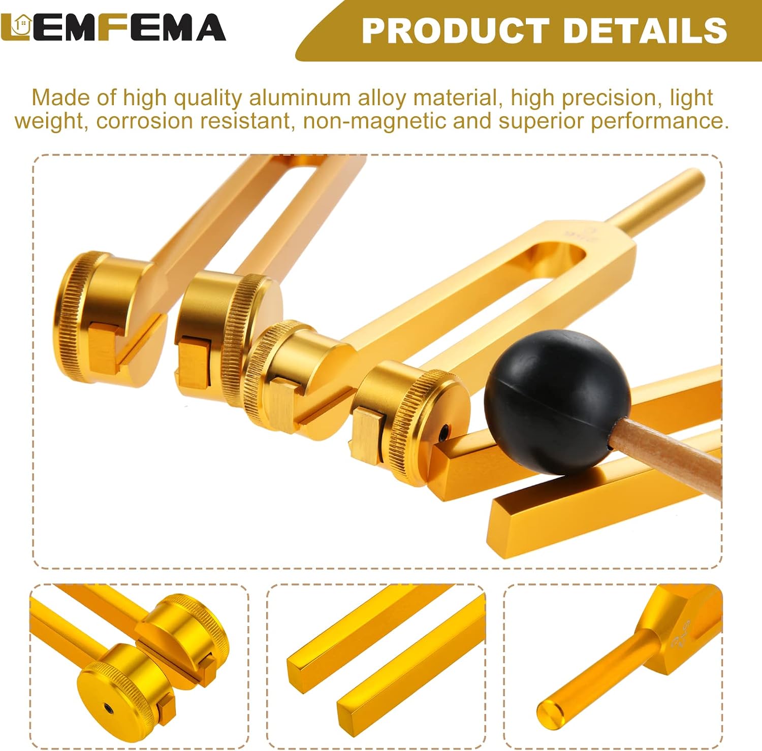 Tuning Forks Set(128Hz, 256Hz, 512Hz), with Hammer and Storage Bag, Gold