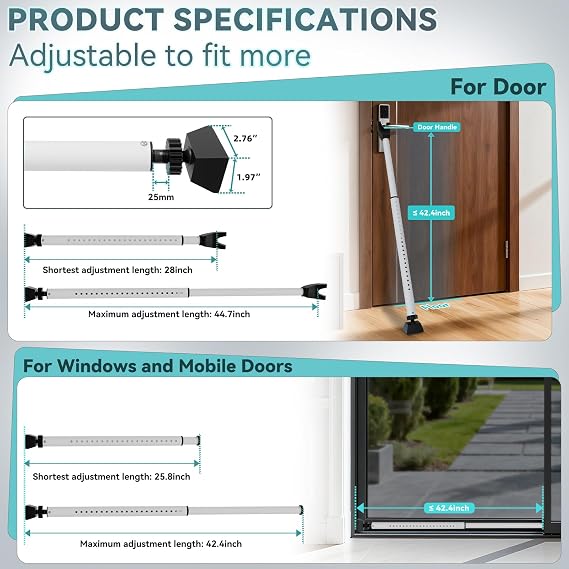 Sliding Door Security Bar 25-45inch Adjustable Heavy Duty Sliding Patio Door Lock Bar Multi-use Window Security Bars Sliding Door Stopper (White,1Pack)
