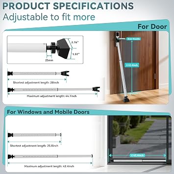 Sliding Door Security Bar 25-45inch Adjustable Heavy Duty Sliding Patio Door Lock Bar Multi-use Window Security Bars Sliding Door Stopper (White,1Pack)