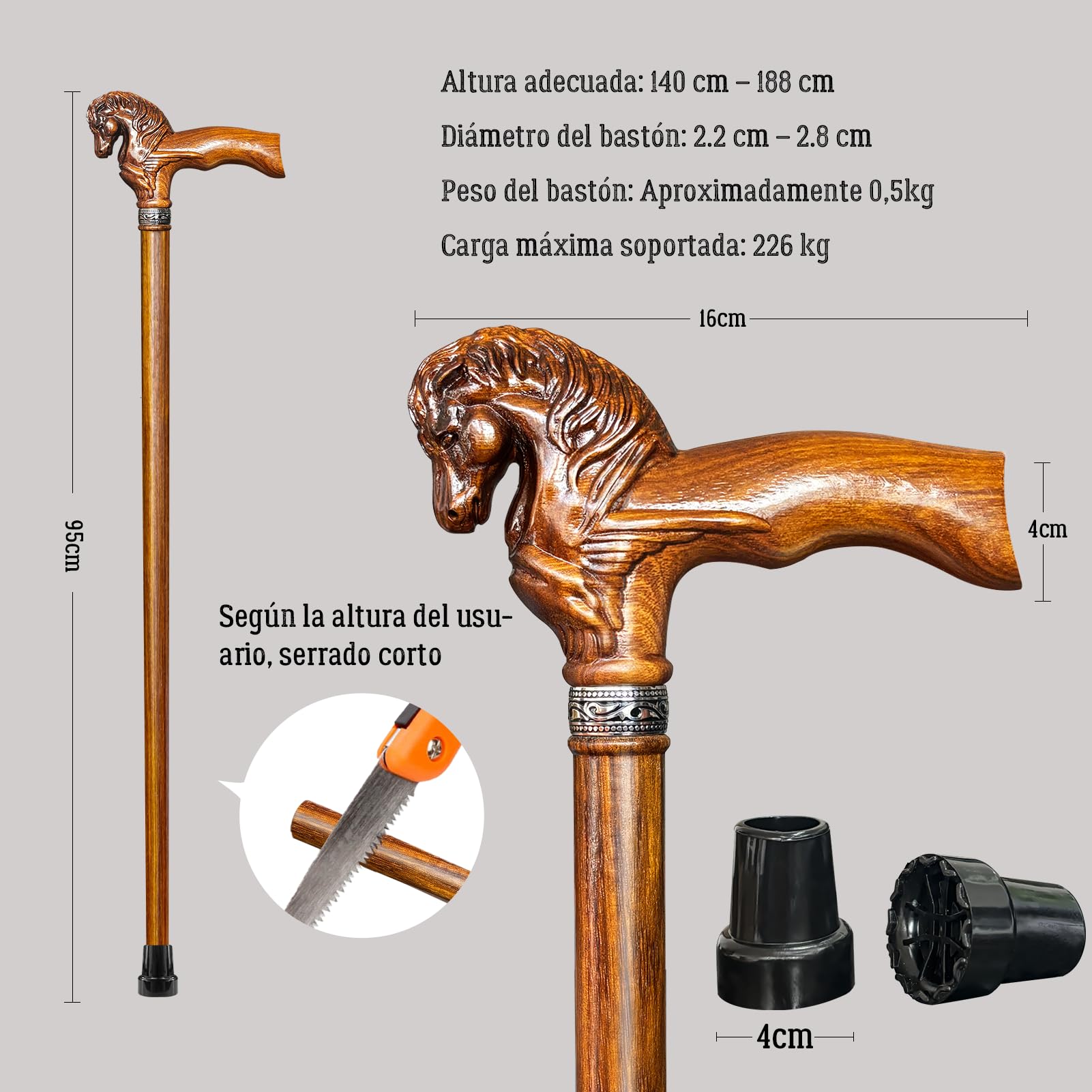 Bastón de madera elegante tallado a mano con cabeza de caballo para hombre y mujer, hecho a mano, con estilo, bastón para personas mayores, ligero, estable, de gama alta, adecuado para regalar