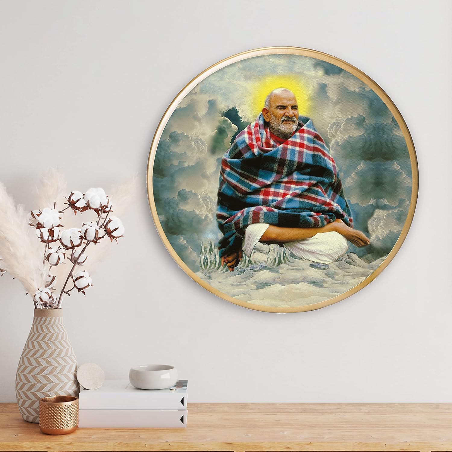 DWELLSINDIA Neem Karoli Baba Gold Ring Framed Acrylic Painting 16 Inch X 16 Inch for Home, Office, Drawing Room,Kitchen WallDecor in Home & Kitchen | Paintings for Living Room