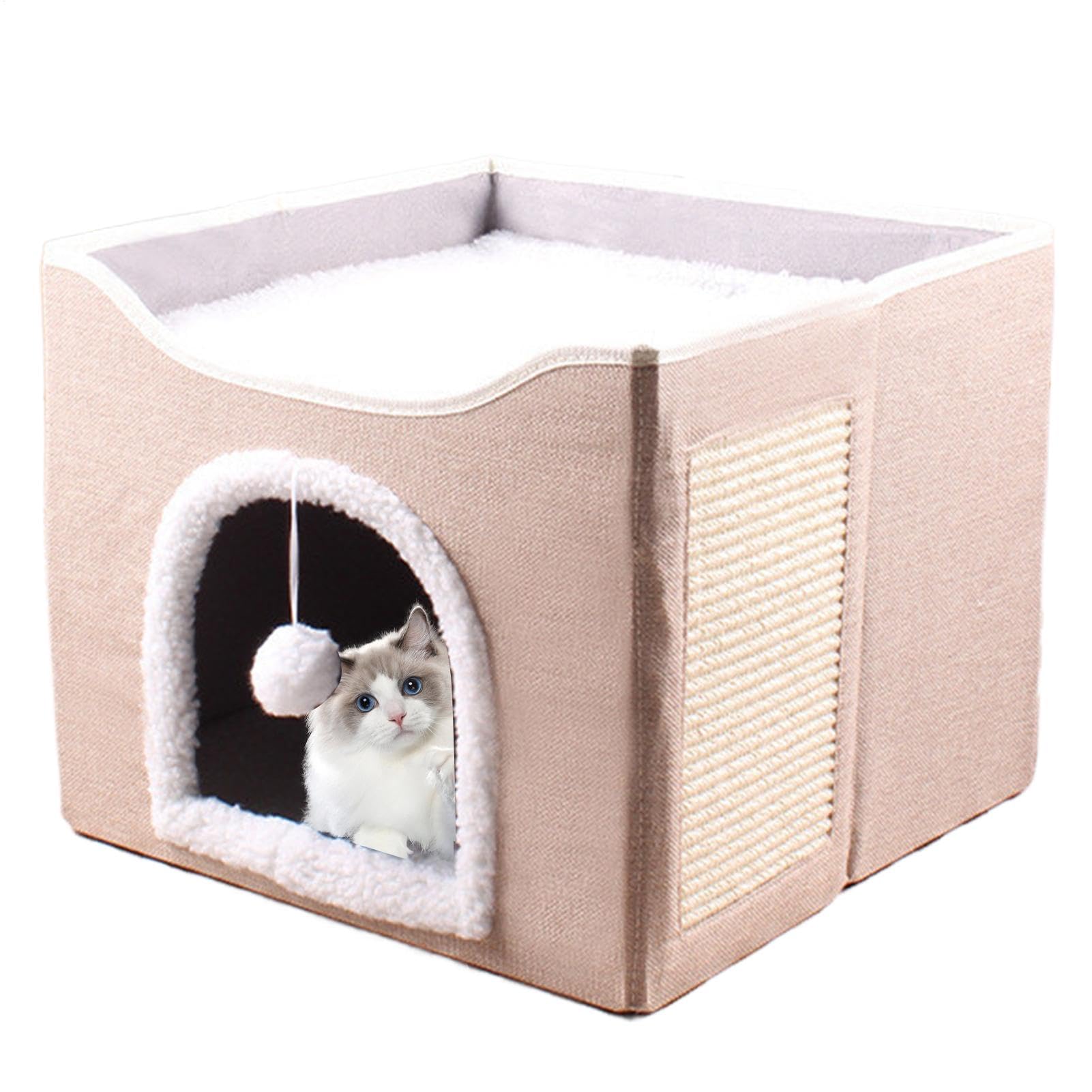 Grande grotta per gatti, cuccia pieghevole per gattini, accogliente per dormire, morbido cuscino in peluche, design a cubo chiuso con palla sospesa, tappetino per graffi, rifugio per | Cuccia rifugio tana zona riposo angolo relax salotto cuscino morbido c