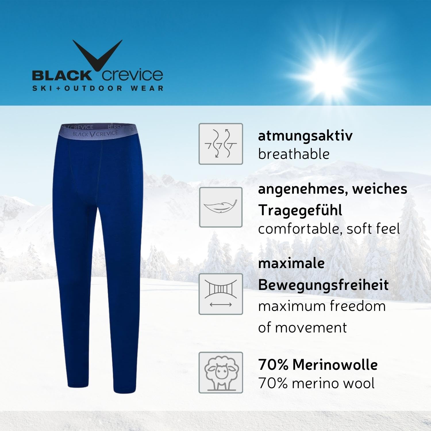 Black Crevice Leggings mérinos Homme I sous-vêtements mérinos de Haute qualité I sous-vêtement de Ski 70% Laine mérinos & 30% Polyester (PES) I Leggings mérinos Homme thermorégulateur