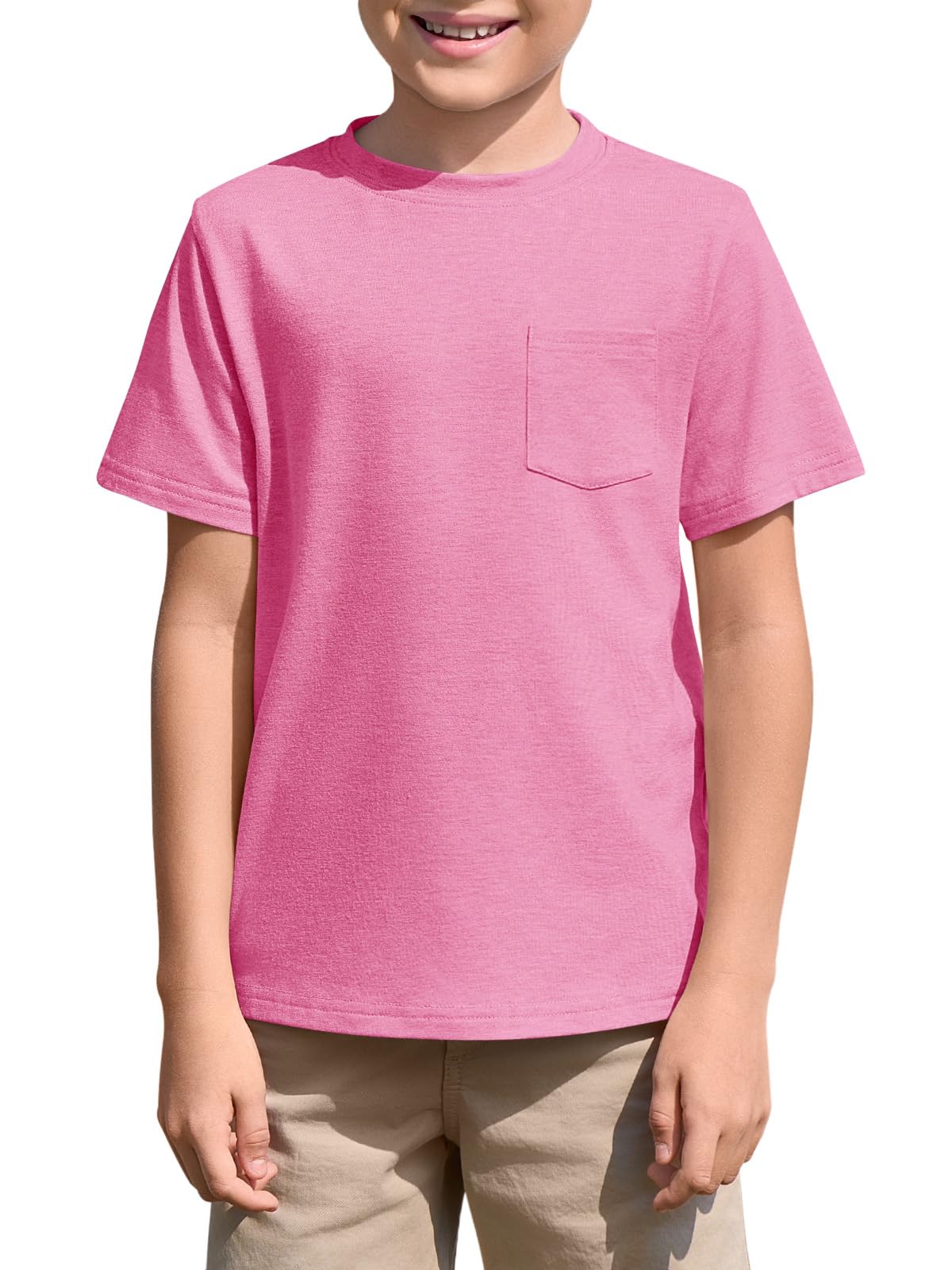 Haloumoning Camiseta de manga corta con cuello redondo para niños, para verano, lisa, ligera, ajuste regular, camisetas deportivas, informales, básicas, con bolsillo en el pecho, 5-14 años