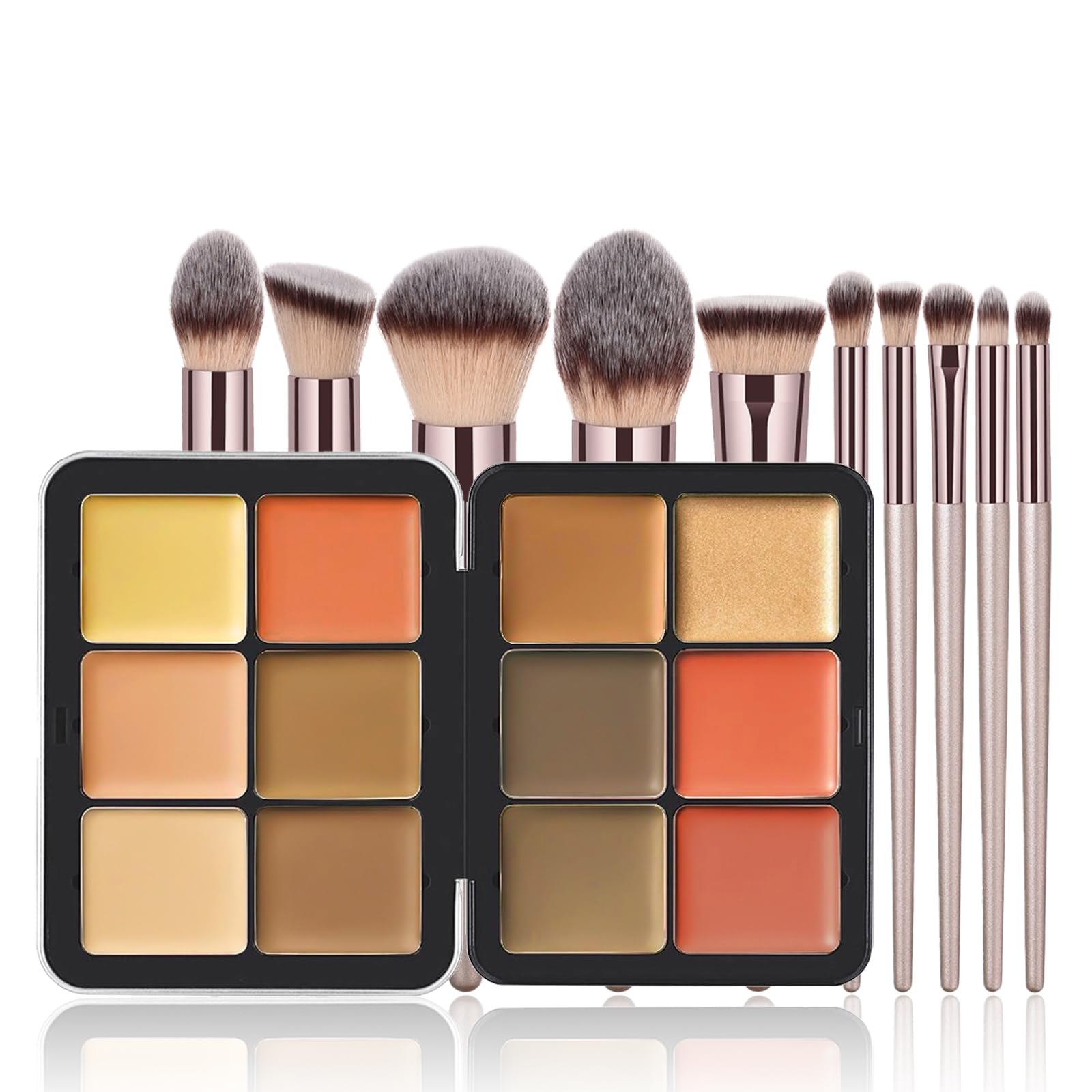 JasCherry Makeup Kit, 12 Colour Vegan Eyeshadow Concealer Palette with 10 Professional Champagne Gold Makeup Brushes Set