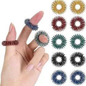 Anéis de massagem de dedos para alívio de estresse, pacote com 10, design de acupressão espiral, alivia a pressão das mãos para escritório, computador, viagens, 10 peças