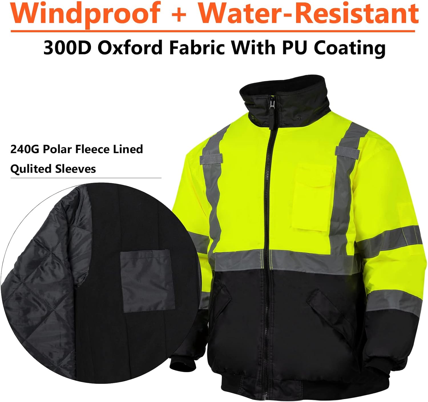 VENDACE High Visibility Reflective Safety Jackets for Men Polar Fleece Lining ANSI Class 3 Hi Vis Winter Bomber Jacket Hoodie(Yellow,XL) - Image 3