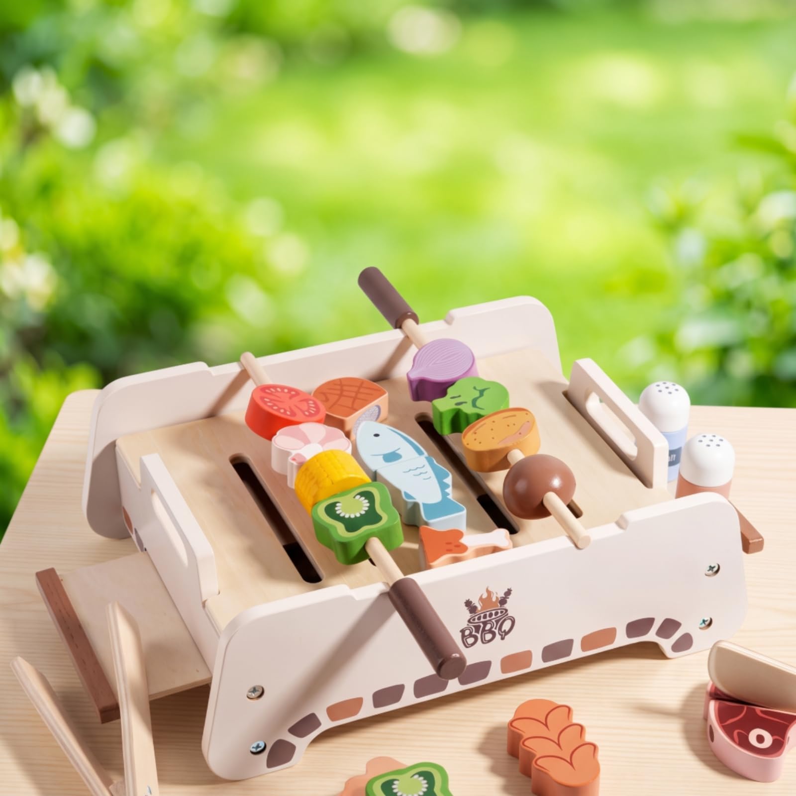 Barbecue Giocattolo in Legno Griglia Giocattolo con Accessori Compatto Gioco di Ruolo per Bambine, Cameretta