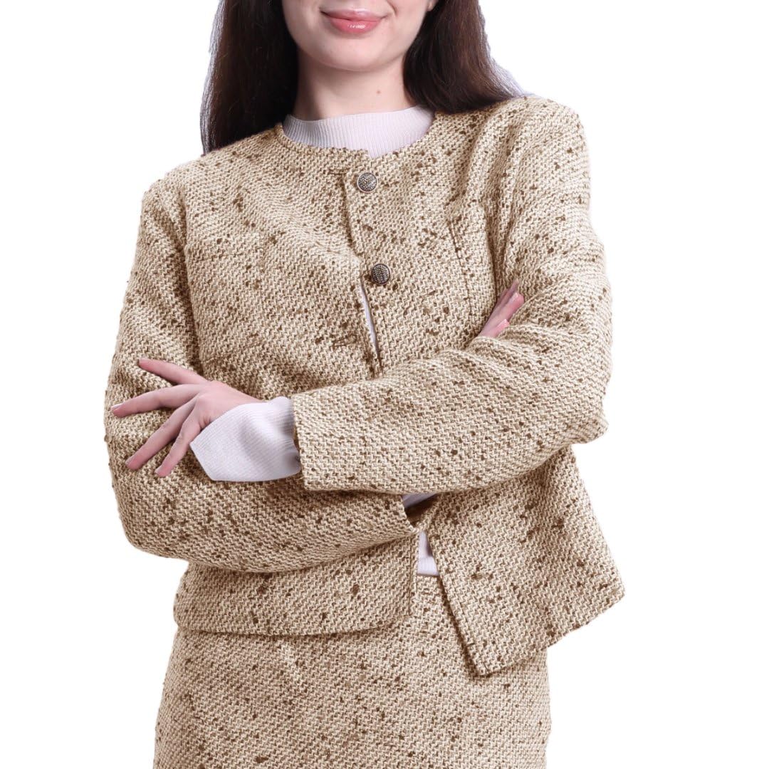 Amazhiyu Womens Wool Cropped Tweed Jacket Blazer Button-up Slim Fit with Pockets
