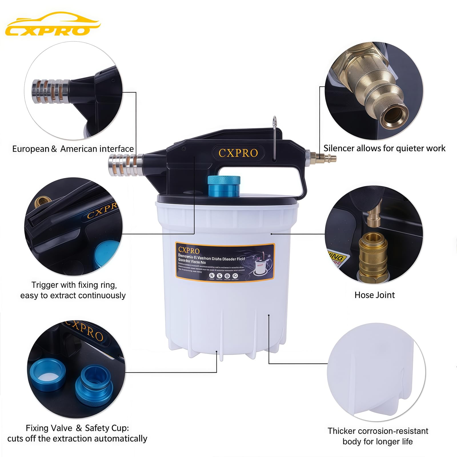 Kit de purga de frenos, kit de purga de frenos al vacío con extractor de líquido de frenos de 2 L y botella de recarga de 1 litro, kit de purga de embrague de presión con 19 adaptadores