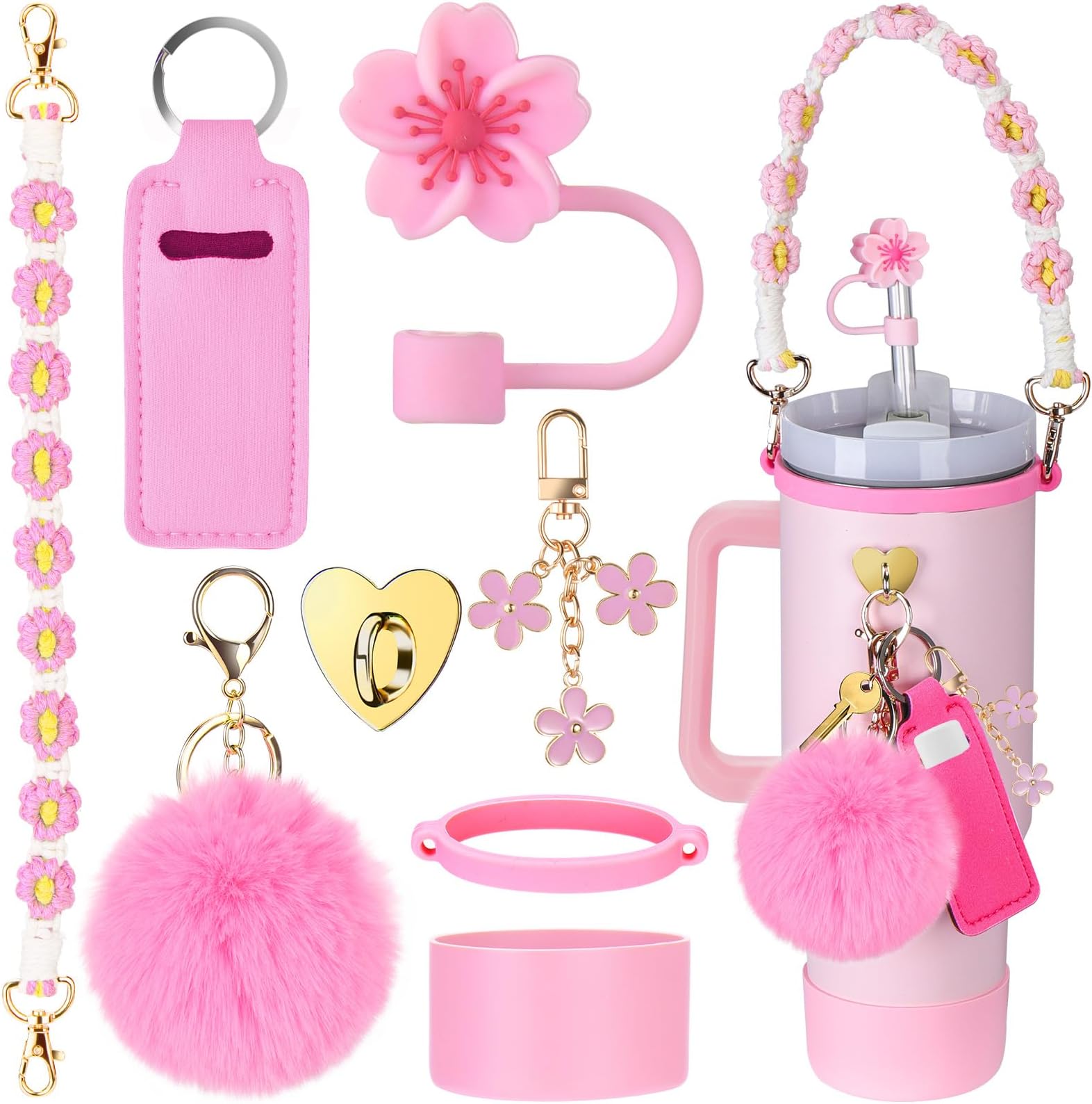 Mity rain Cup Accessories for Stanley Cup 30oz 40oz Tumbler with Handle, Including Water Bottle Handle Strap, Chapstick Holder, Boot, Keychain Charms, Straw Topper Cover Cap for Stanley (Pink)