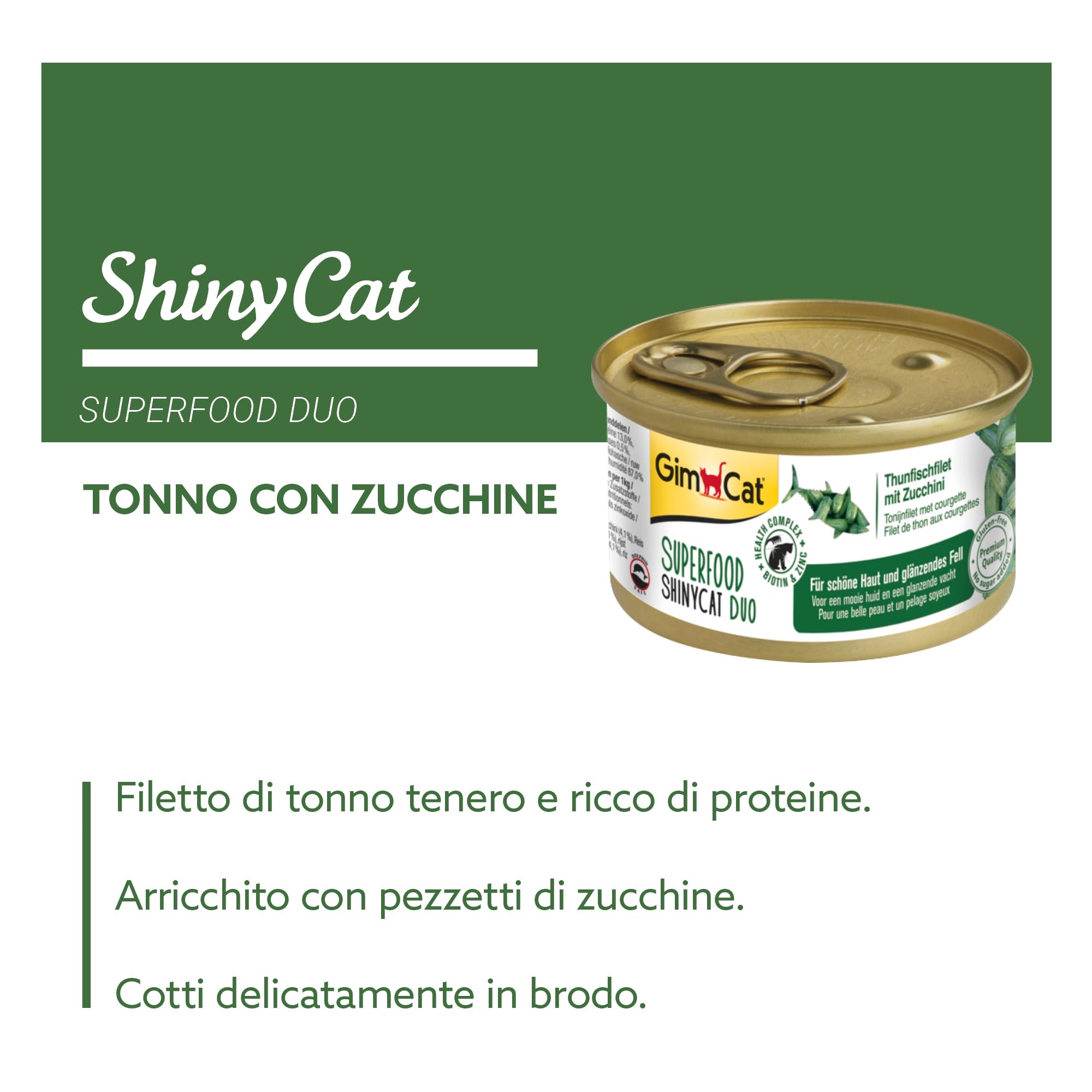 GimCat Superfood ShinyCat Duo Tonno con zucchine, Mangime per gatti con filetto succulento senza aggiunta di zuccheri per gatti adulti, 24 scatolette, 24 x 70 g