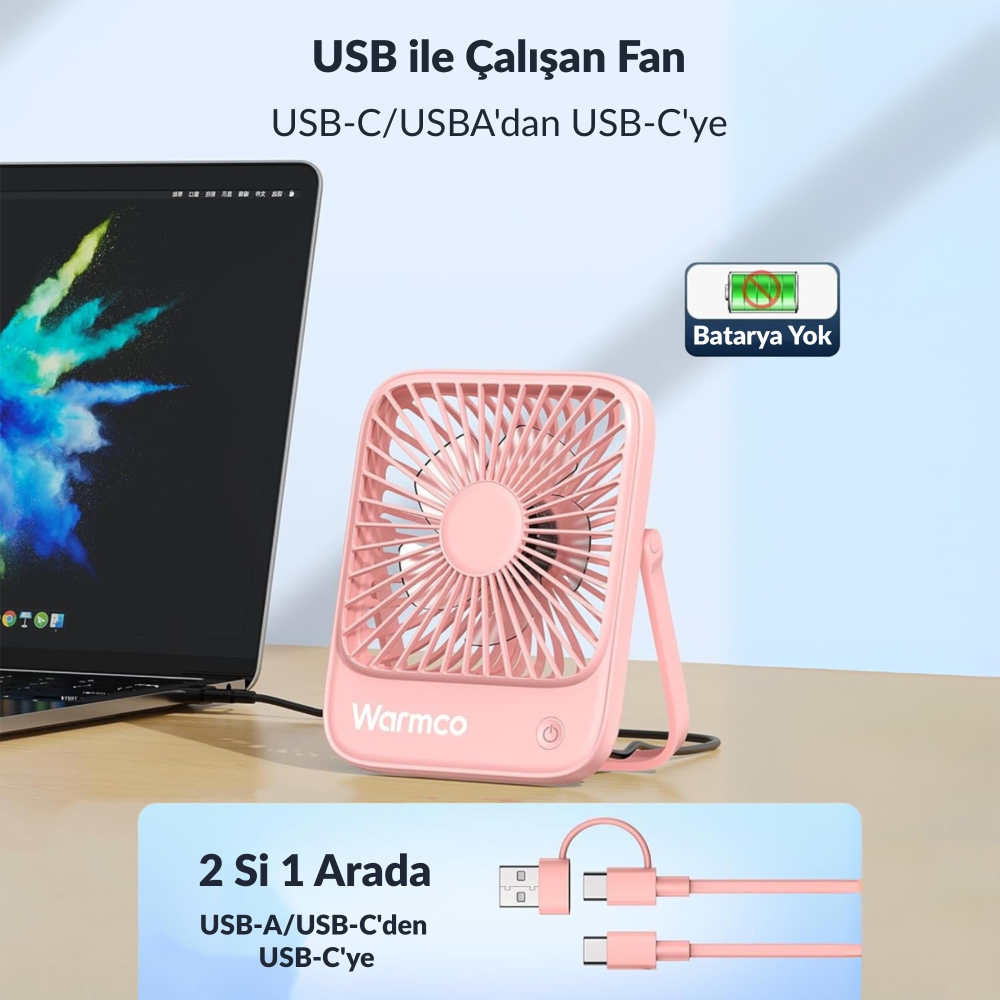 Warmco D1 Masaüstü Vantilatör USB ve Type-C Bağlantılı Taşınabilir Ultra İnce Soğutucu Fan Pembe
