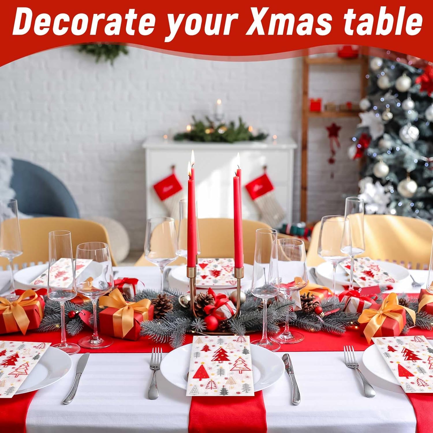 Spiareal 200 Pcs Christmas Paper Guest & Hand Towels, Red Disposable Napkins for Xmas Party & Dinner