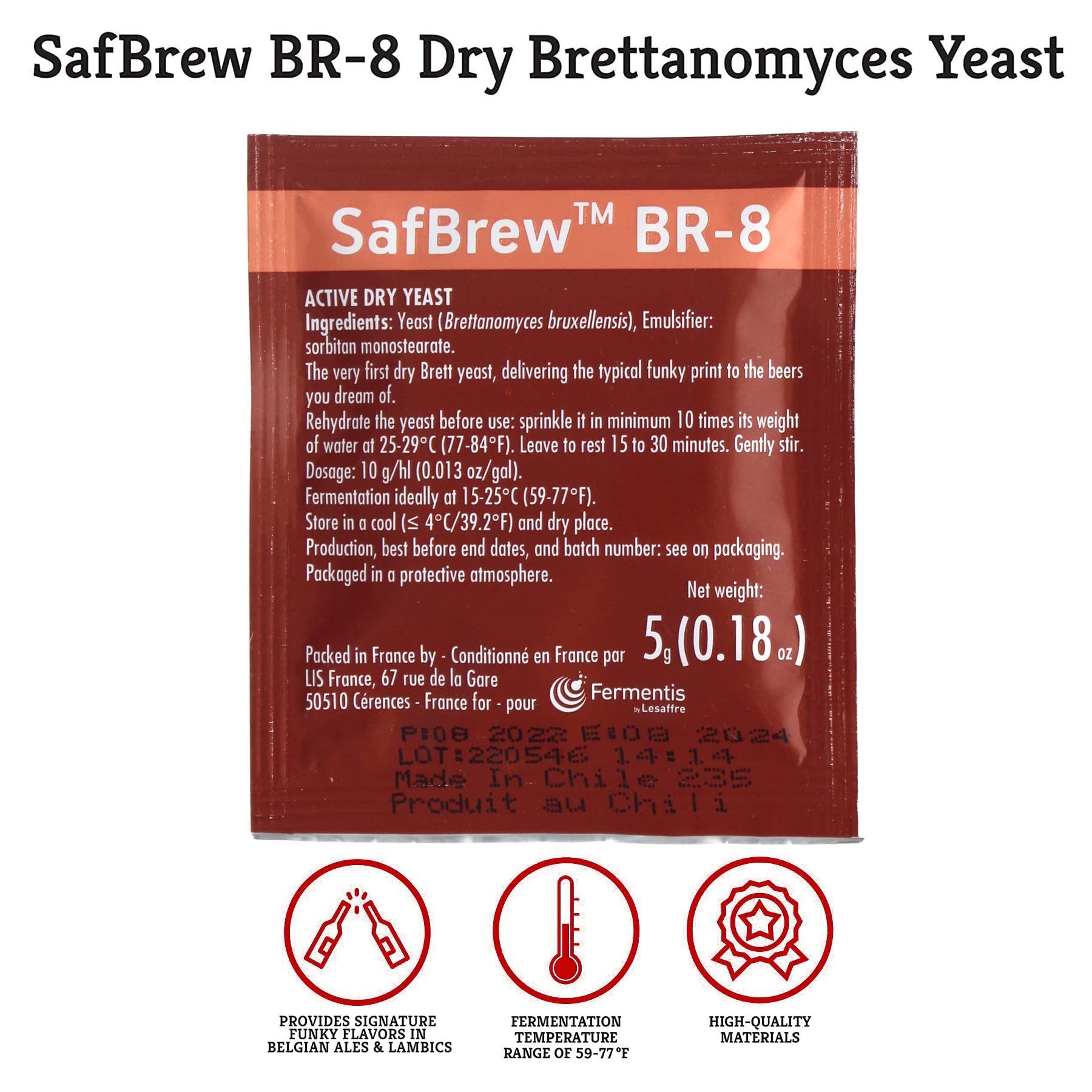 Fermentis SafBrew BR-8 Levadura Brettanomyces bruxellensis liofilizada para cerveza casera Fermentación secundaria en botella o barril Perfil Brett belga controlado