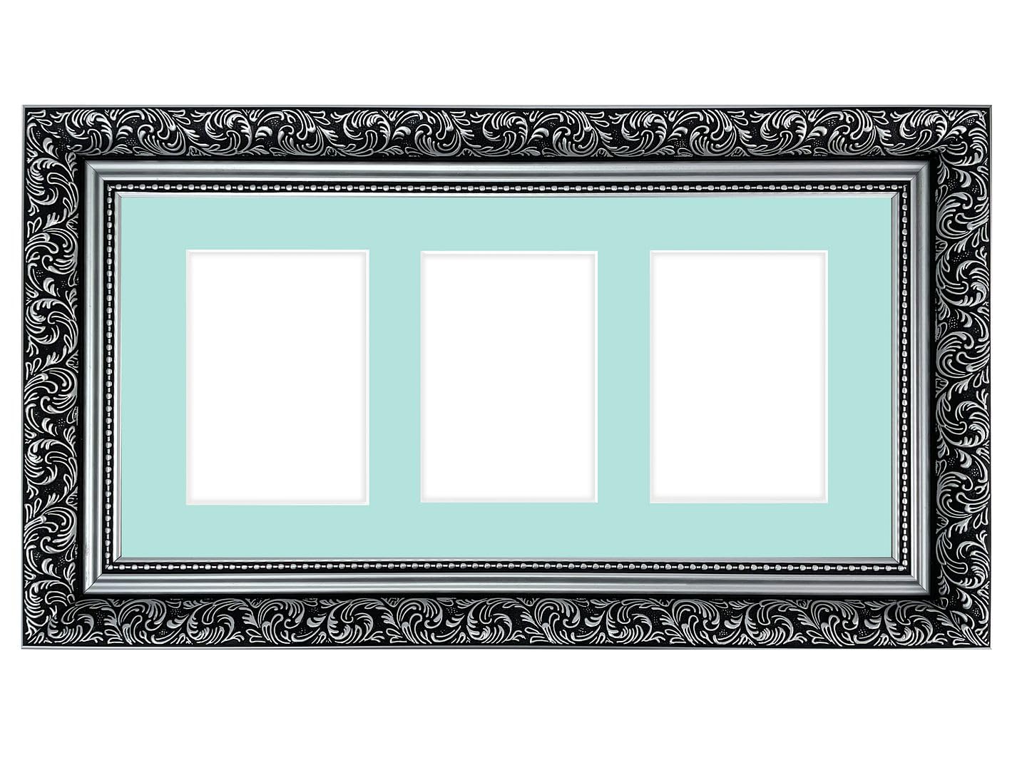 FRAMES BY POST Large Dahlia Silver Picture Photo Frame with Blue Mount 21 x 10 for 3 Images Size 7 x 5 Inch Plastic Glass โ image 1