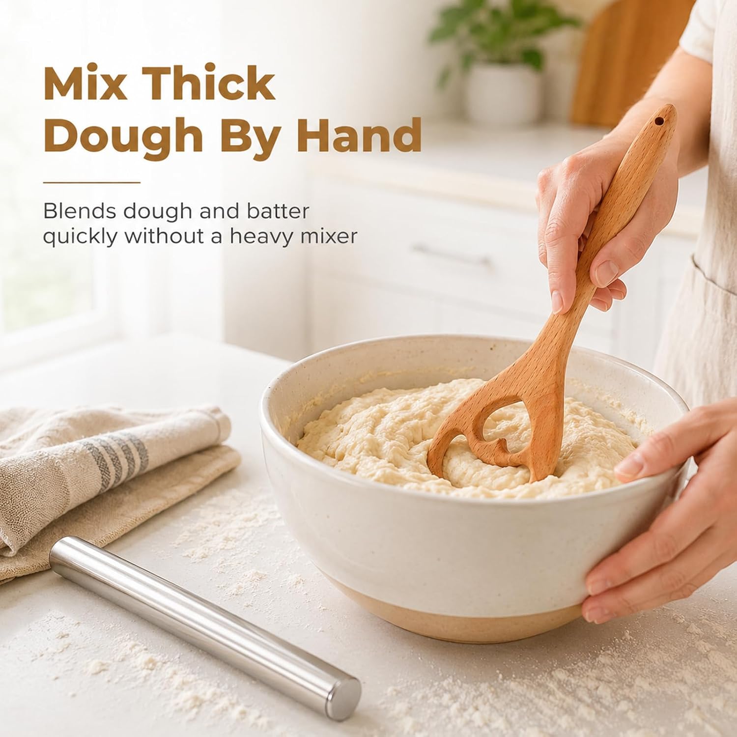 13 Inch Danish Dough Whisk, Wooden Dough Mixer for Sourdough Bread, Batter & Pizza Dough, Kitchen Hand Mixing Tool, Includes Stainless Steel Rolling Pin (Heart Style)