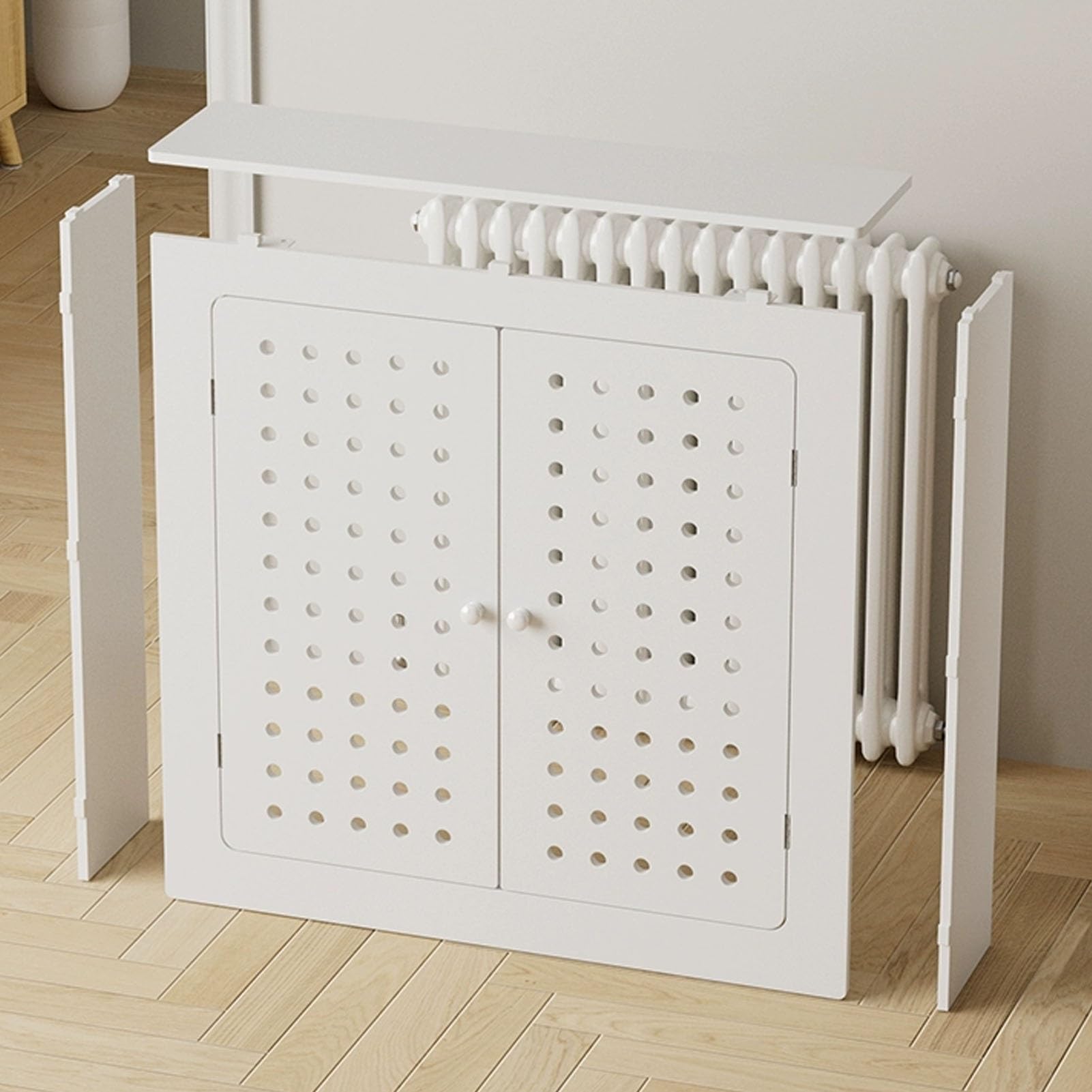 Cubierta de radiador blanca PVC 80x80x20 cm con 2 puertas mueble calefactor